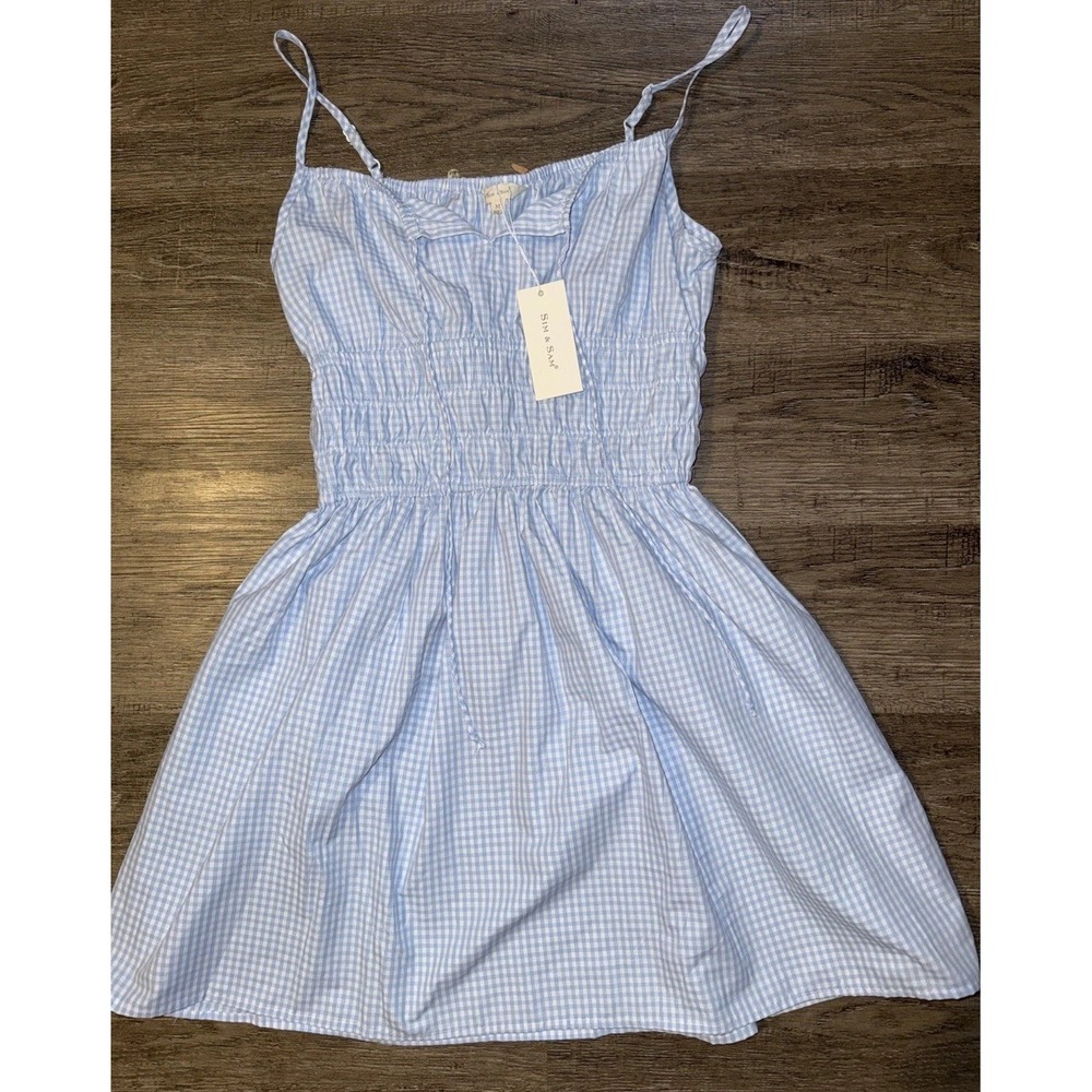 NWT Sim & Sam Blue Gingham Dress M Smocked Waist Cottagecore Boho Mini